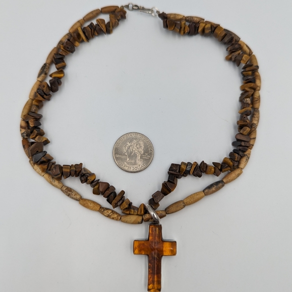 Amber Cross Sterling Silver On Tiger's Eye Chips & Jasper Bead Necklace Vintage - Picture 11 of 15